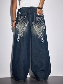 ROMWE MEN Goth Spring Casual Graphic Men'S Cross Embroidered Pocket Wide Leg Loose Casual Jeans - Blue - View 3