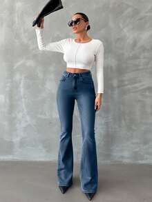EURMUSE 98% Baumwolle Skinny Flare Jeans mit Reißverschluss PETITE - Blau - Übersicht 5