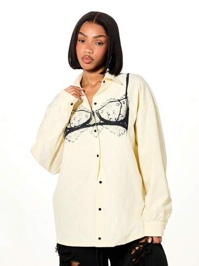 SUMWON WOMEN Oversized Long Sleeve Striped Button Down Shirt With Lingerie Bra Graphic Print