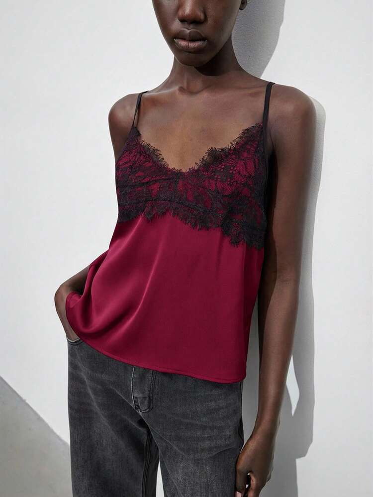 SHEIN Maija Top de camisola con decoración de encaje para mujer, elegante para el tránsito urbano y casual de negocios, adecuado para Navidad, Año Nuevo, fiestas, vacaciones, uso en la oficina
