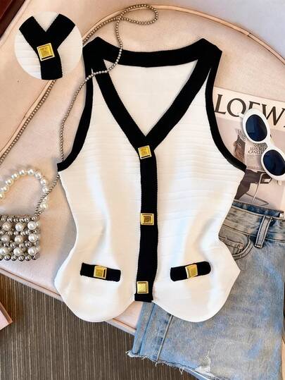 GlowEve CURVE Plus Size Women Summer Elegant Commuter Contrast Trim Front Button Camisole