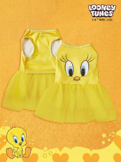 LOONEY TUNES X PETSIN 1 Vestido de mascota con estampado de pato amarillo pequeño, estilo minimalista amarillo, amigable con la piel, ropa de mascota transpirable