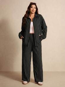 Elaquor Bộ đồ hai mảnh kẻ sọc tối giản, cỡ lớn dành cho nữ, dáng rộng. - màu đen - Xem 3