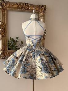 Lovelzi Đầm xòe chữ A sang trọng kiểu cung đình, chất liệu vải jacquard màu xanh lá cây, cổ yếm, hở lưng, thắt dây chéo, thích hợp cho các buổi hẹn hò, kỳ nghỉ, tiệc độc thân, dạ hội, đám cưới, lễ tốt nghiệp, dạ tiệc prom. - Màu xanh lam - Xem 1