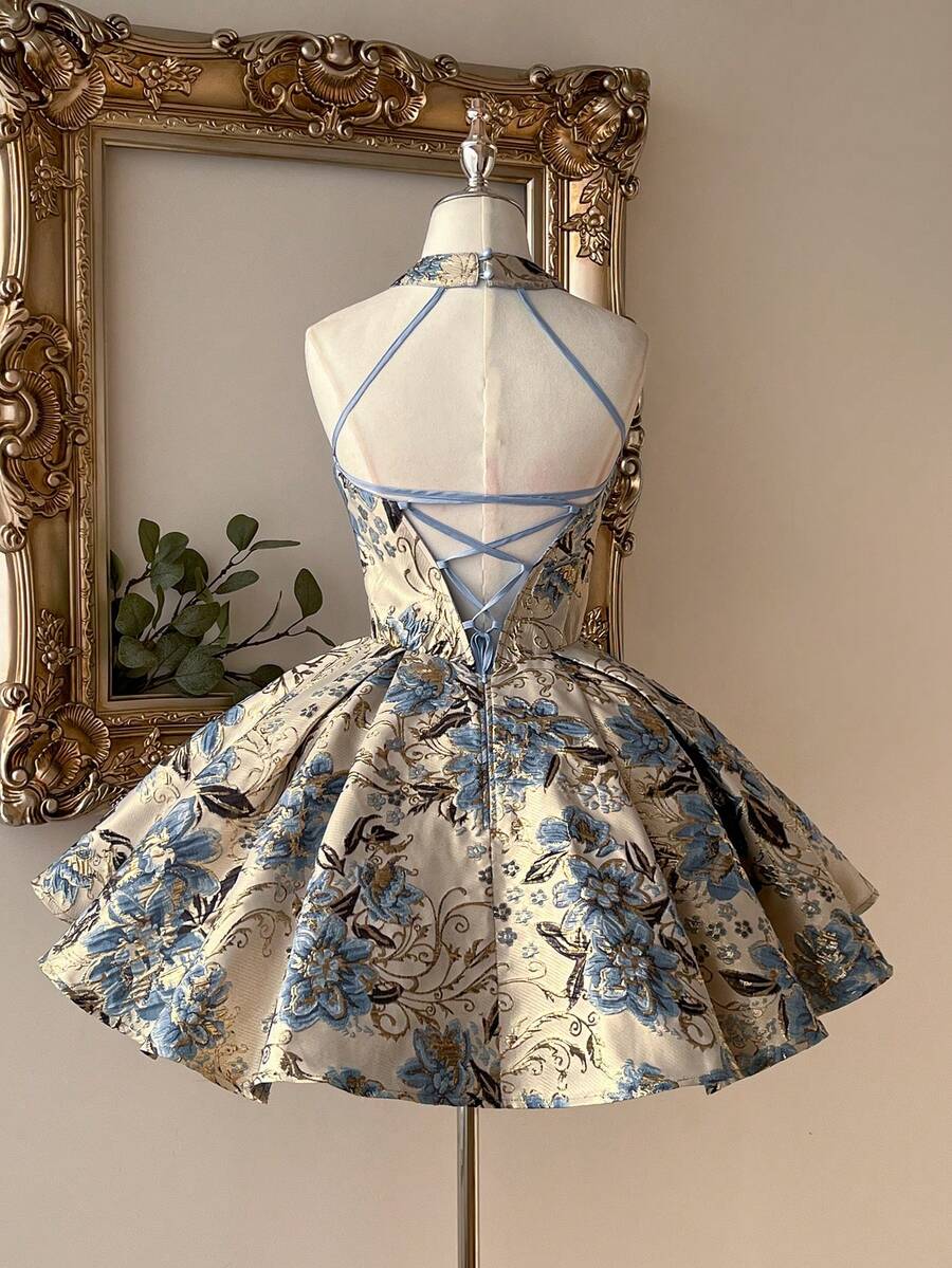 Lovelzi Đầm xòe chữ A sang trọng kiểu cung đình, chất liệu vải jacquard màu xanh lá cây, cổ yếm, hở lưng, thắt dây chéo, thích hợp cho các buổi hẹn hò, kỳ nghỉ, tiệc độc thân, dạ hội, đám cưới, lễ tốt nghiệp, dạ tiệc prom. - Màu xanh lam - Xem 1