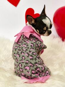 Rose Leopard Print Bow Pet Sweater – Autumn/Winter New Style Pet Clothes For Teddy & Golden Retriever Large Dogs - Hot Pink - View 7