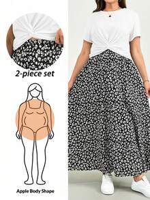 SHEIN Essnce Plus-Size Women's Summer Two Pieces Set, Short-Sleeved Set, Printed Half Skirt Two Pieces Set, Plus-Size Women's Casual And Comfortable Set, Printed Women's Clothing,Summer Outfits For Women Lounge Sets For Women Vacation Two Pieces Set 2 Piece Summer Outfit Summer Sets For Women 2 Piece Skirts Sets Two Peice Skirt Set Summer Long Skirt Sets Summer - White - View 1