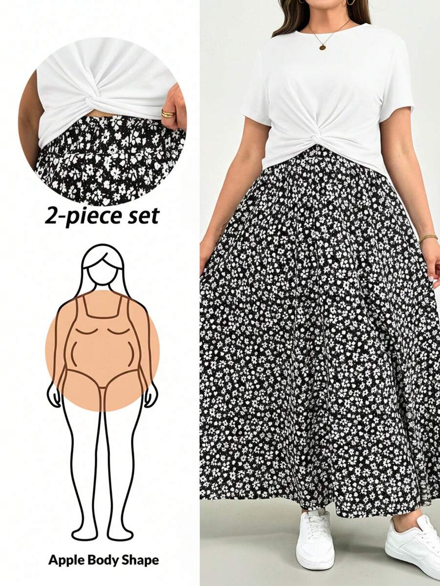 SHEIN Essnce Plus-Size Women's Summer Two Pieces Set, Short-Sleeved Set, Printed Half Skirt Two Pieces Set, Plus-Size Women's Casual And Comfortable Set, Printed Women's Clothing,Summer Outfits For Women Lounge Sets For Women Vacation Two Pieces Set 2 Piece Summer Outfit Summer Sets For Women 2 Piece Skirts Sets Two Peice Skirt Set Summer Long Skirt Sets Summer - White - View 1