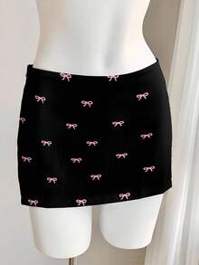 Comfortcana Casual Minimalist Black Background Pink Bow Allover Print Pattern Women's Low Waist Mini Skirt With Lining, Suitable For Spring/Summer Carnival - Multicolor - View 5