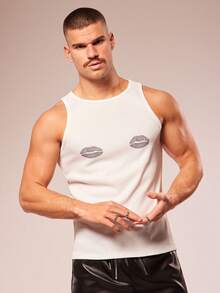 FeverCity Men's Summer Fashion Rhinestone Red Lip Tank Top - White - View 4