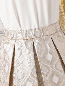 Tween Girls Elegant Ladylike Evening Banquet Solemn Mesh Collar Beaded 3D Flower Sleeveless White Top + Gold Mid-Length Skirt Vest Suit - White - View 6