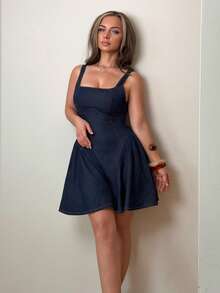 Jeta Ari Women's Square Neck Ruched Sleeveless Casual Denim Dress, Summer - Dark Wash - View 1