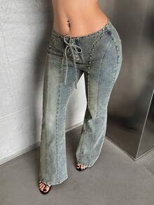 SHEIN ICON Quần jeans ống loe cổ điển cổ điển cỡ lớn dành cho nữ, phong cách đường phố sang trọng, màu xanh đậm - Rửa nhẹ - Xem 1