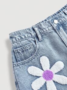 Girlism Teen Girl Y2K Spring Summer Light Stone-Washed High Waist Floral Embroidered Pattern Blue Denim Loose Wide Leg Shorts, Bermuda Summer Short, Teen Girl Summer Baggy Denim Long Short Jean Shorts, Suitable For Spring And Summer, Season Vintage//Beach/Sea/Concert Elegant Graduation, Valentine's Day, Summer Holidays, Beach Vacation Holidays - Light Wash - View 4