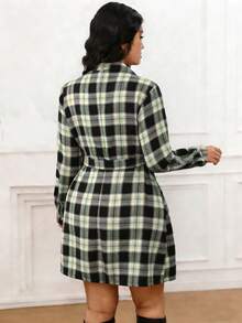 EMERY ROSE Plus Size Women's Casual Everyday/Work Commute Plaid Print Zip-Up Belted Dress, Spring/Autumn - Multicolor - View 2