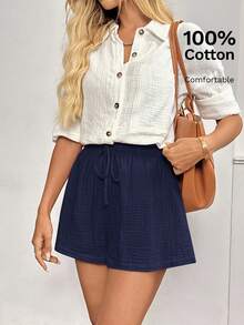 SHEIN LUNE Damen Baumwolle Shorts mit elastischem Bund, geeignet für tägliche Lässig und Retro-Stil, Sommer Shorts für Frauen, Strandshorts für Damen - marineblau - Übersicht 7
