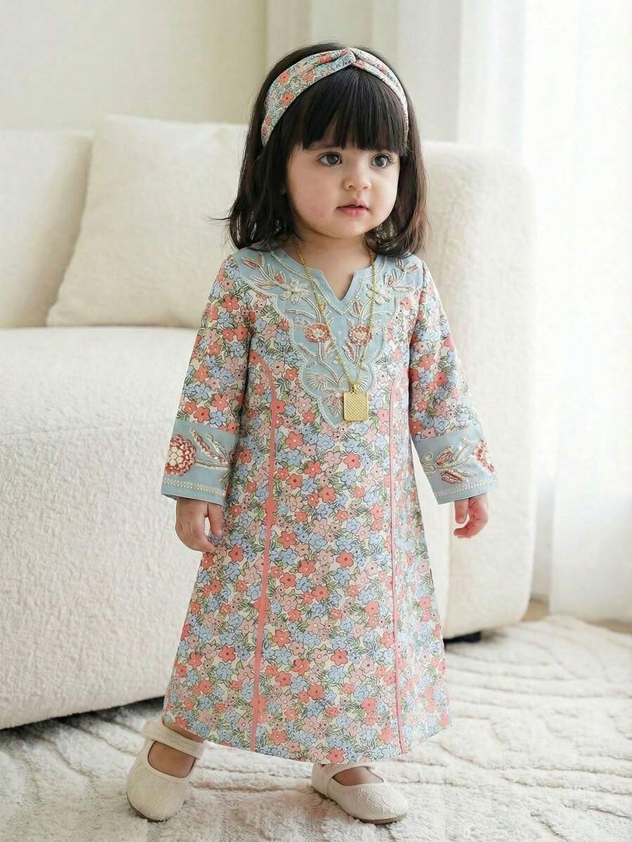 Đầm dài tay cổ chữ V dáng rộng, in hoa truyền thống cho bé gái, thích hợp mặc mùa xuân và mùa hè, thoải mái, mặc thường ngày. - Nhiều màu - Xem 1