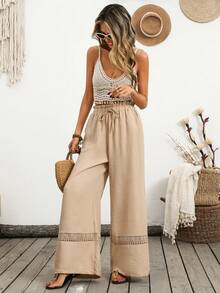 Breezaya Quần ống rộng nữ mùa hè, màu trơn, phối nơ, có túi. - Màu Khaki - Xem 6