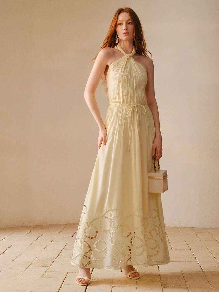 ROBE ÉLÉGANTE ÉVASÉE SANS MANCHES À BRODERIE AJOURÉE POUR FEMMES