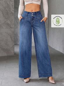 EMERY ROSE 大码休闲水洗低腰阔腿牛仔裤 - 藍色 - 查看 1