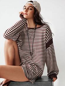 Bohemela 2pcs Women Casual Striped Knit Top & Loose Shorts Set - Brown - View 1