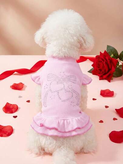 粉色水钻小狗印花宠物连衣裙 - 荷叶边袖狗狗套装，适合小型犬和猫咪的可爱夏季公主裙