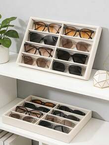 Sunglasses Storage Box, Beige Ice-Patterned Eyeglass Rack - Suitable For Both Men And Women (8 Compartments), 8 Ice-Patterned Compartments Are Used For Storing Glasses And Jewelry, Made Of Polyester Fiber Material. - Tray - View 5