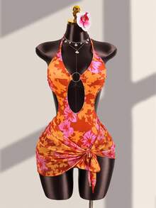 Swim Vcay Traje de baño de una pieza con estampado floral de camuflaje, con escote halter y espalda descubierta, con decoración de anillo hueco, adecuado para vacaciones en la playa - Multicolor - Ver 7