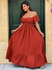 Vionelle Đầm maxi dáng chữ A trễ vai tay ngắn xếp ly xẻ tà, chất liệu jacquard hai tông màu thanh lịch dành cho nữ cỡ lớn, thích hợp cho mùa xuân/hè. - trái cam - Xem 7