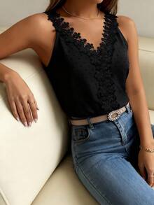 Pariaura Camiseta de tirantes casual y elegante con adorno de encaje para mujer - Negro - Ver 5