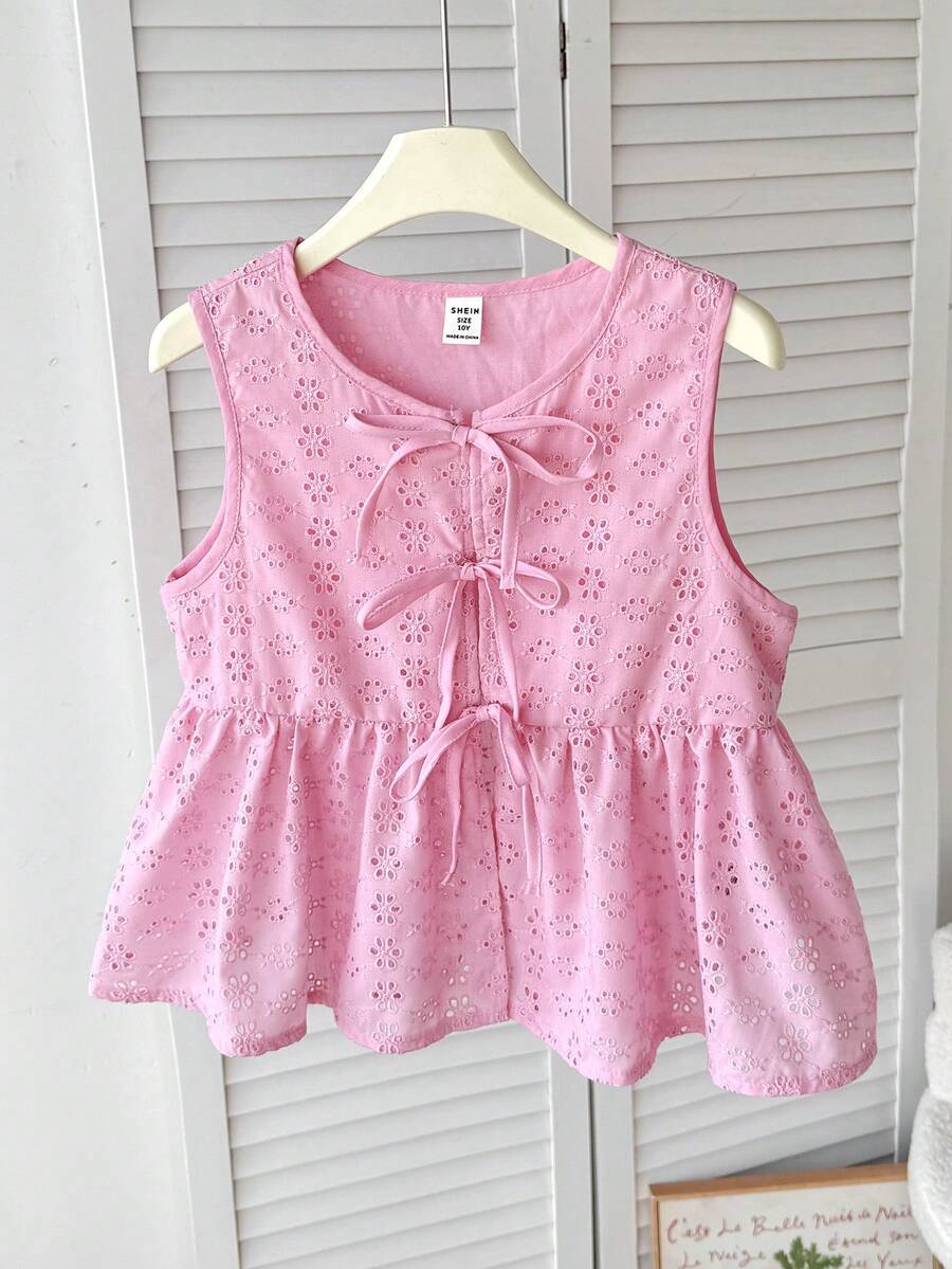 SHEIN Tween Girls' Casual Everyday Vacation Textured Bow Front Crop Top,Kids - Baby Pink - View 1