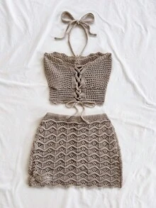 Soleia 2pcs Vacation Sexy Halter Backless Camisole & Mini Skirt Set, Suitable For Music Festival, Bohemian, Holiday, Date, Afternoon Tea, Crochet, Linen, - Khaki - View 2