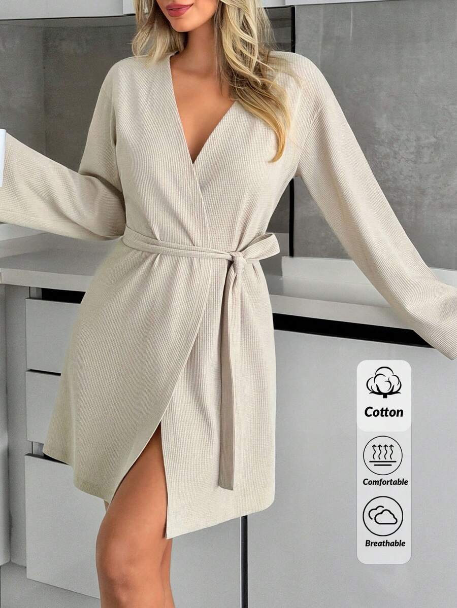 SHEIN Women Waffle Knit Homewear Robe With Belted Comfort Lounge Robe - Beige - View 1