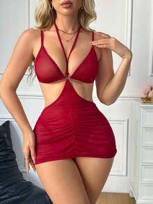 Bộ 2 món đồ ngủ nữ gợi cảm màu trơn khoét eo gồm áo ngủ và quần lót - Màu Đỏ Sâu - Xem 5