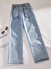 SHEIN Jeansy dla nastolatek z szerokimi nogawkami i wzorem w płatki śniegu, sprane, z kieszeniami i postrzępionymi brzegami, w kolorze vintage z przetarciami, w stylu uniwersyteckim Y2K, na co dzień, urocze, retro, odpowiednie na jesień/zimę, codzienne wyjścia, do szkoły, dojazdy do pracy, imprezy, do domu, na wakacje, na sezon powrotu do szkoły - Niebieski - Zobacz 2