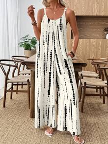 EMERY ROSE Women's Beige Tie-Dye Wide-Leg Jumpsuit, Vacation Beach Cruise Boho Music Festival Concert Wedding Guest City Trip Island Wear, Summer Outerwear Sleeveless Overalls Country Music Concert Outfit Spring - Multicolor - View 6