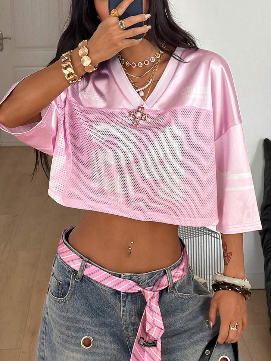 Coolane 女士夏季街头运动短款球衣，号码图案，宽松透气网眼T恤 - 淺粉色 - 查看 1