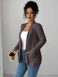 SHEIN PETITE 女士休闲罗纹抓绒开襟侧袋短款轻薄外套 女士开衫 薄款开衫 女士开衫 女士开衫 - 摩卡棕 - 查看 3
