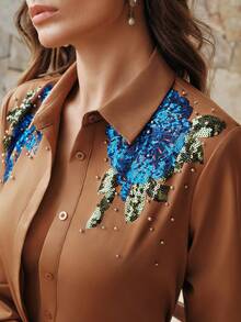 Anewsta 优雅复古领口手工随机亮片、亮片、刺绣花卉女式衬衫，春夏款 - 棕色 - 查看 7