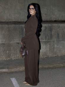 AfricaSnchz 女士缺角领夹克和裤子通勤日常基本款商务套装秋冬 - 咖啡棕 - 查看 6