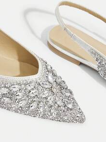 CUCCOO TILAWA Fashionable Pointed Toe Flat Silver Color Backstrap Fully Rhinestone Comfortable Elegant Versatile Women Slingback Flat Shoes Valentine's Day - Silver - View 5