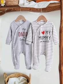 2pcs Newborn Solid Color & Striped Romper - Multicolor - View 5