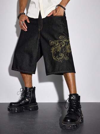 Goth شورت جينز كاجوال متعدد الاستخدامات مع حلقات للحزام للرجال