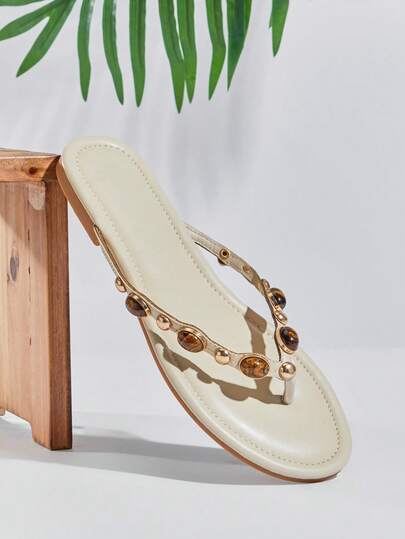 SHUZIA Women's Fashion Casual Comfy Flat Sandals With Color Stone Decor -Punk Chic, Edgy & Valentine's Day