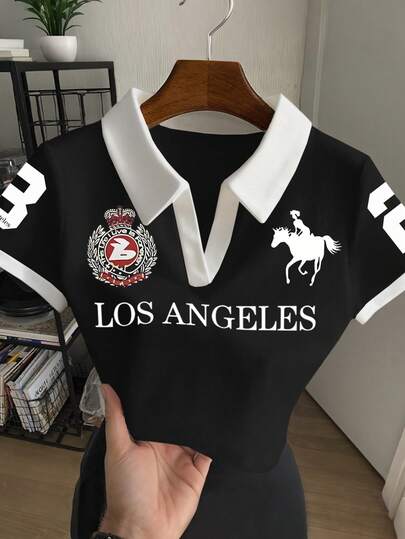 Rovax 女士休闲撞色滚边字母印花 Polo 领短袖露脐上衣，夏季