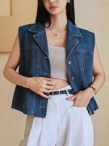 DAZY 女士翻领无袖短款休闲水洗牛仔外套 - 深色水洗藍 - 查看 2