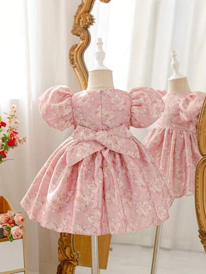 Glamorique Kids Infant & Baby GirlPrincess Dress, Blue Floral Organza Jacquard Fabric, Elegant Formal Party Gown, Suitable For Middle East, Europe, America, Luxury Stage Performance