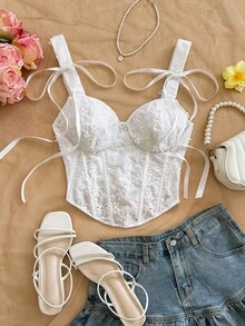 Soleia Women's Floral Embroidery Bow Decor Fashionable Versatile Top, Suitable For Dates And Parties,Summer Top - White - View 4