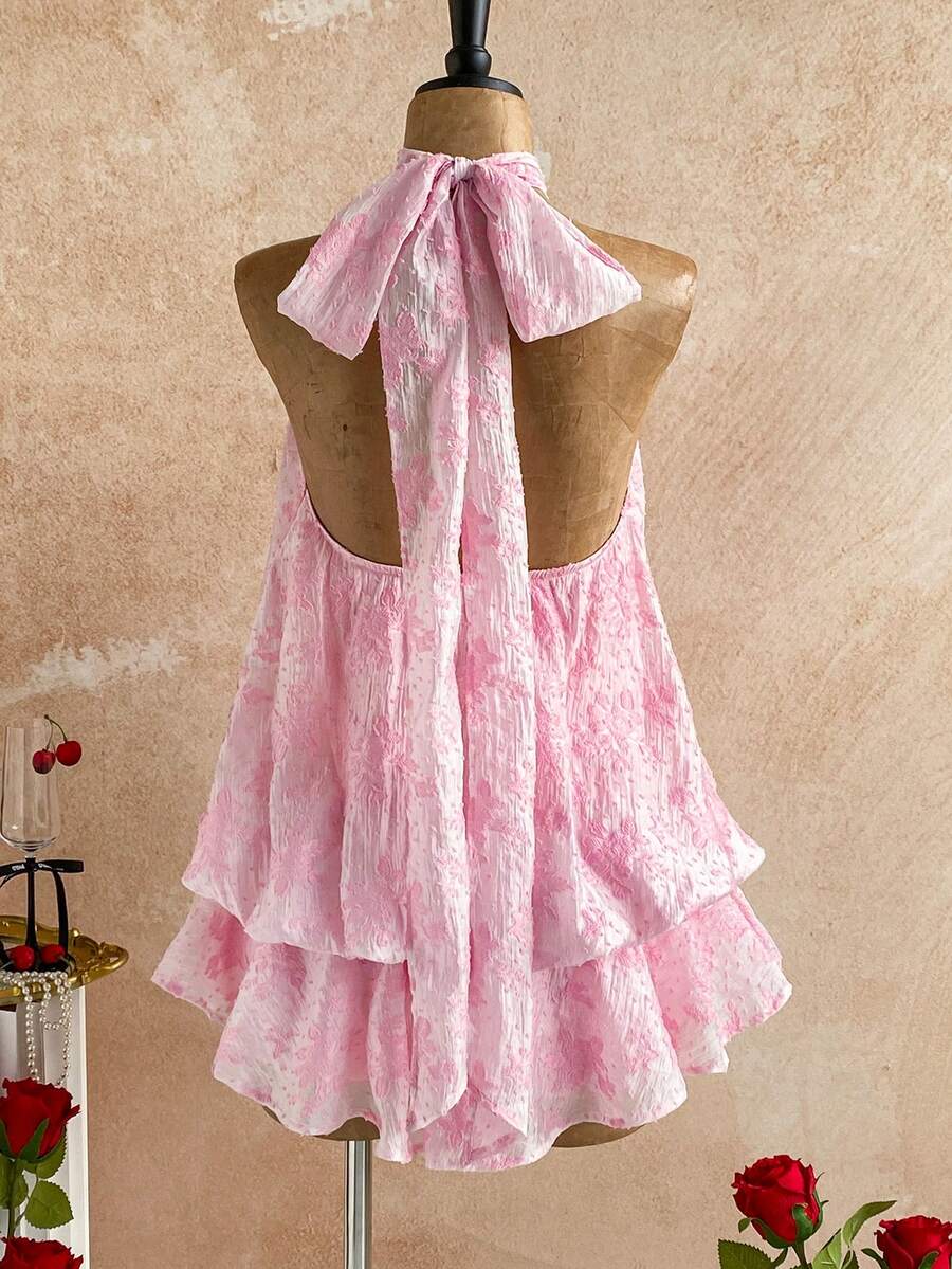 Soleia فستان قصير للنساء بتصميم الهالتر مع ربطة خلفية وكشكشة على الهيم، أنيق للمواعيد والحفلات - وردي - مشاهدة 1