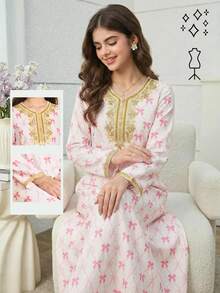 Áo Abaya Ramadan, Jalabiya, trang phục truyền thống Ả Rập, trang phục truyền thống Trung Đông cho bé gái, áo choàng cổ thêu vàng in họa tiết nơ. - Hồng - Xem 1